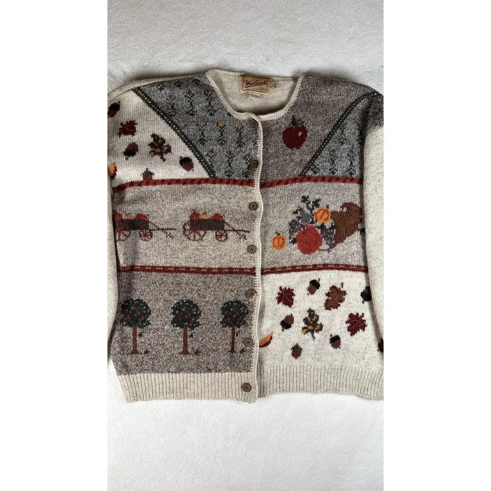 Woolrich Cardigan Sweater Womens Large Beige 100% Wool Fall Harvest Apple Knit - Picture 2 of 16